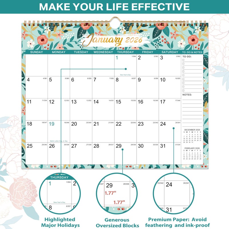Feteulo 2026 Calendar - 2026 Wall Calendar 12 Month, 14.6" x 11.5", Calendar 2026, Large Wall Calendar 2026 from Jan. 2026 - Dec. 2026, 2026 Hanging Calendar, Twin-Wire Binding, Julian Dates - Image 3
