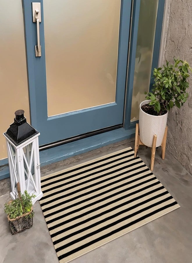 OJIA Front Door Mat Outside Entrance 24"x35" Front Door Rug Washable Porch Rugs Hand Woven Striped Outdoor Rugs Entryway Rugs Indoor Small Area Rug for Kitchen Entry Bathroom, Tan/Black - Image 5