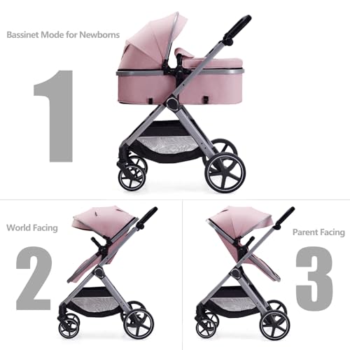 Lortsybab 2 in 1 Baby Stroller, Newborn Infant Toddler Convertible Pram Stroller for 0-36 Months Old Babies (Pink) - Image 2