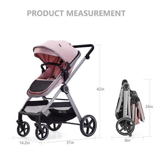 Lortsybab 2 in 1 Baby Stroller, Newborn Infant Toddler Convertible Pram Stroller for 0-36 Months Old Babies (Pink) - Image 5