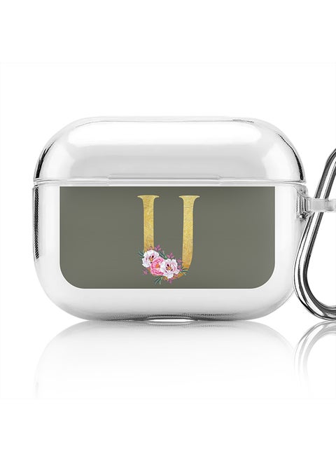 Classic Clear printed Case for Apple AirPods Pro 2nd Generation Thin Transparent Cover - Custom Monogram Initial Letter Floral Pattern Alphabet - U (Olive Green )