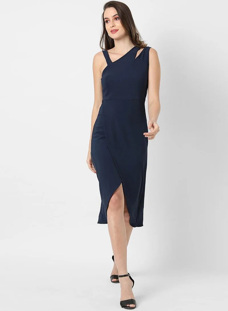 PINACOLADA PINACOLADA Women's Solid Black Sleeveless Midi Length Regular Fit Dress For Casual Wear | Asymmetrical Neck Dress Crafted With Comfort Fit And High Performance For Everyday Wear