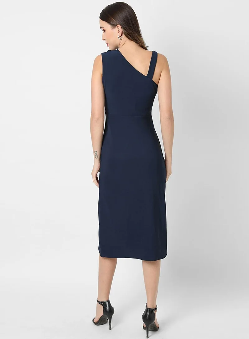 PINACOLADA PINACOLADA Women's Solid Black Sleeveless Midi Length Regular Fit Dress For Casual Wear | Asymmetrical Neck Dress Crafted With Comfort Fit And High Performance For Everyday Wear