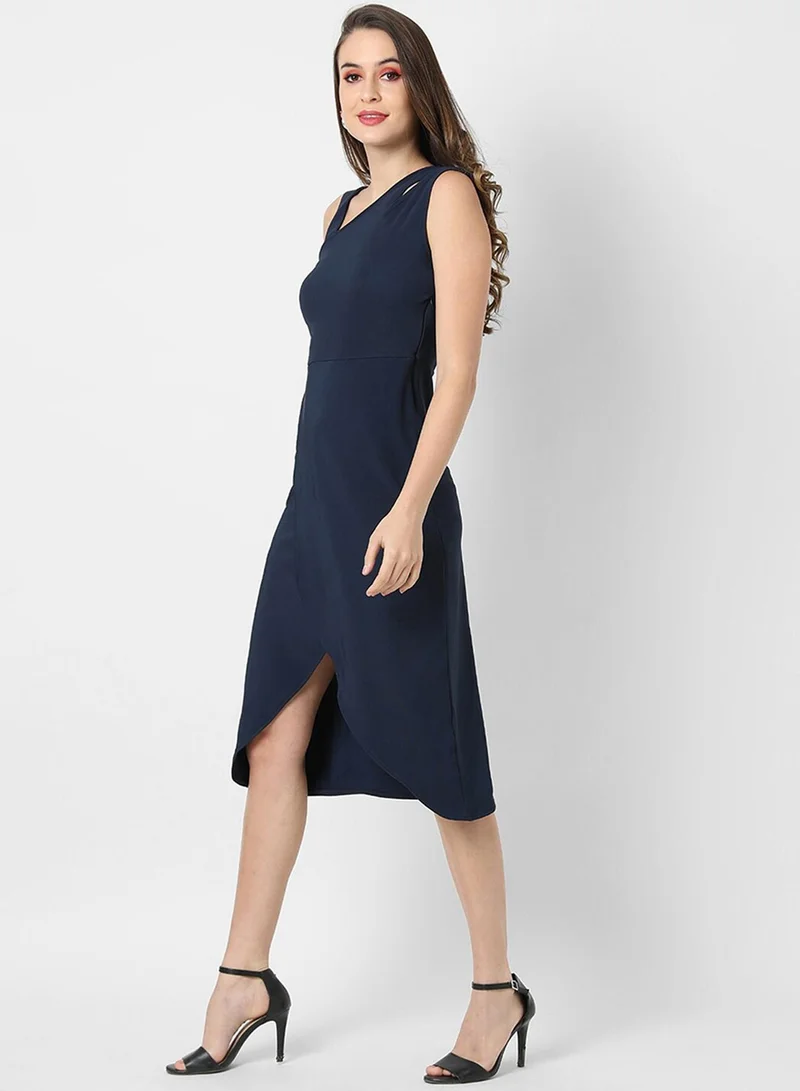 PINACOLADA PINACOLADA Women's Solid Black Sleeveless Midi Length Regular Fit Dress For Casual Wear | Asymmetrical Neck Dress Crafted With Comfort Fit And High Performance For Everyday Wear