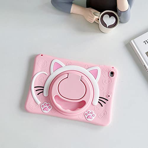 SINQERISHT Tablet Case for Samsung Galaxy Tab A7 Lite 8.7 inch 2021 | SM-T220/T225 Cover with 360° Swivel Stand/Handle Grip/Shoulder Strap, Shockproof Silicone Cover 3D Lovely Cat Case(Pink) - Image 2