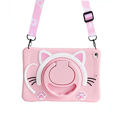 SINQERISHT Tablet Case for Samsung Galaxy Tab A7 Lite 8.7 inch 2021 | SM-T220/T225 Cover with 360° Swivel Stand/Handle Grip/Shoulder Strap, Shockproof Silicone Cover 3D Lovely Cat Case(Pink) - Image 1