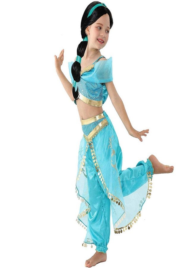 Yosbabe Girls Jasmine Arabian Princess Cosplay Costume with Wig - Halloween Party Dress Up for Kids (120(4-5T)) - Image 2