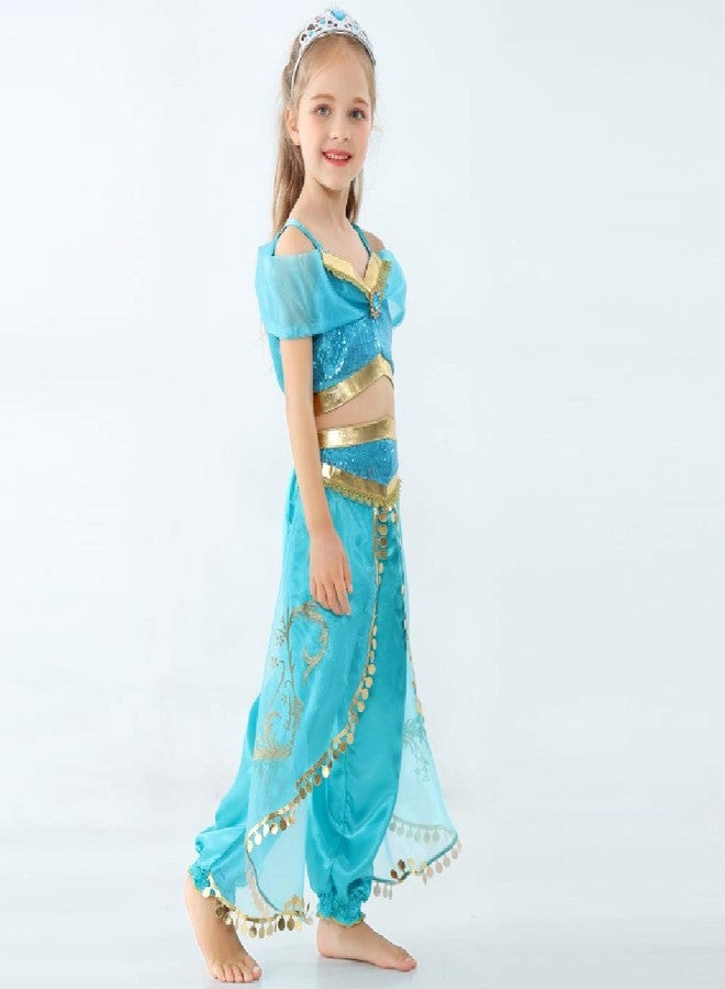 Yosbabe Girls Jasmine Arabian Princess Cosplay Costume with Wig - Halloween Party Dress Up for Kids (120(4-5T)) - Image 3