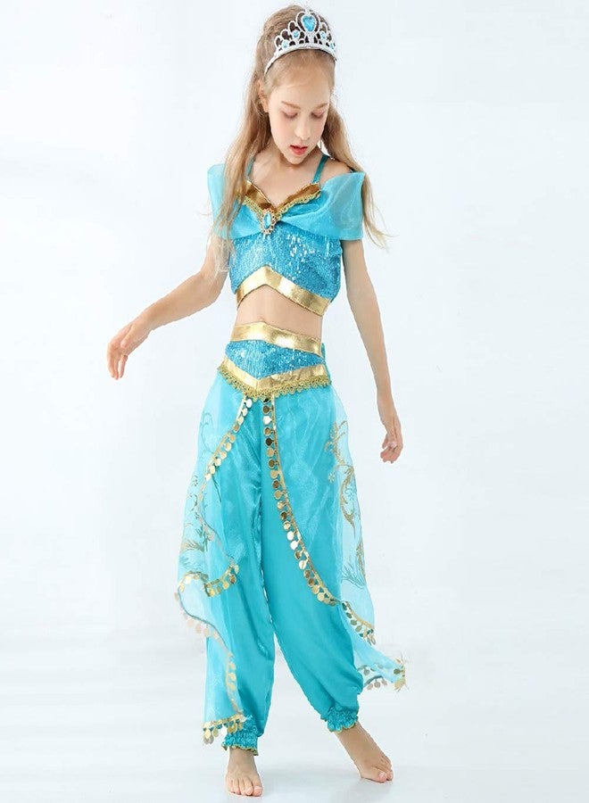 Yosbabe Girls Jasmine Arabian Princess Cosplay Costume with Wig - Halloween Party Dress Up for Kids (120(4-5T)) - Image 5