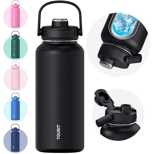 TOURIT 32 oz Insulated Water Bottle Stainless Steel Sports Water Bottles With Top Handle DoubleWall Travel Thermal Water Flask BPA Free Leakproof Thermos Bottle for Sports and Travel Obsidian