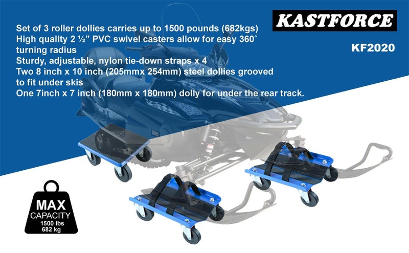 KASTFORCE دمى Kastforce Snowmobile Dollies ذات حماية كاملة من المطاط وشديدة التحمل تحمل ما يصل إلى 1500 رطل (682 كجم) على شكل حرف V مع عجلات دوارة 2.5 بوصة وزوجين من الأشرطة شديدة التحمل Kf2020 - Image 3