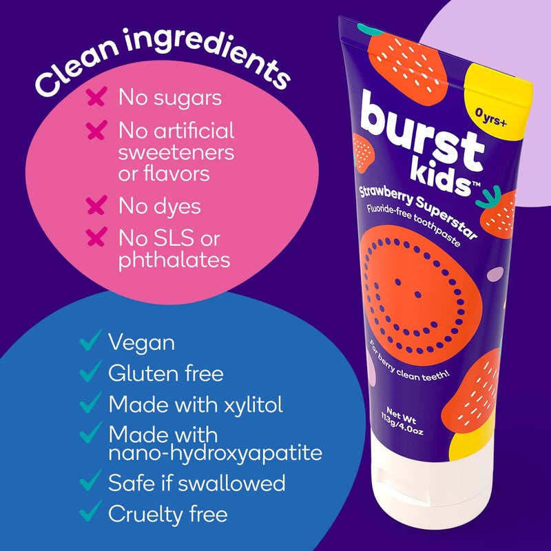 BURST Fluoride Free Strawberry Kids Toothpaste (4oz) | Great Tasting | Dye Free for Baby & Toddler Age 0+ | with Nano Hydroxyapatite - Image 4