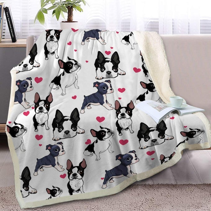 BOSTON TERRIER FRENCHIE DOG PLUSH BLANKET RED HEART CUTE PUPPY DOG COZY FLEECE THROW FOR KIDS GIRLS WOMEN WHITE 50 X 60 INCH