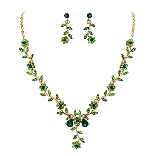 BriLove Women's Wedding Jewelry Leaf Cluster Flower Crystal Dangle Earrings Pendant Necklace Set for Bridal Emerald Color - Image 1