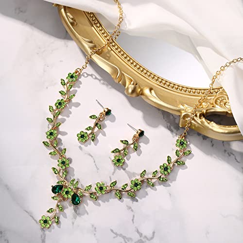 BriLove Women's Wedding Jewelry Leaf Cluster Flower Crystal Dangle Earrings Pendant Necklace Set for Bridal Emerald Color - Image 5