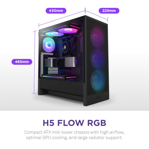 NZXT H5 Flow RGB 2024 Compact ATX MidTower PC Gaming Case High Airflow F360 RGB Core CV Included 360mm Front 240mm Top Radiator Support Cable Management Tempered Glass Black - Image 3