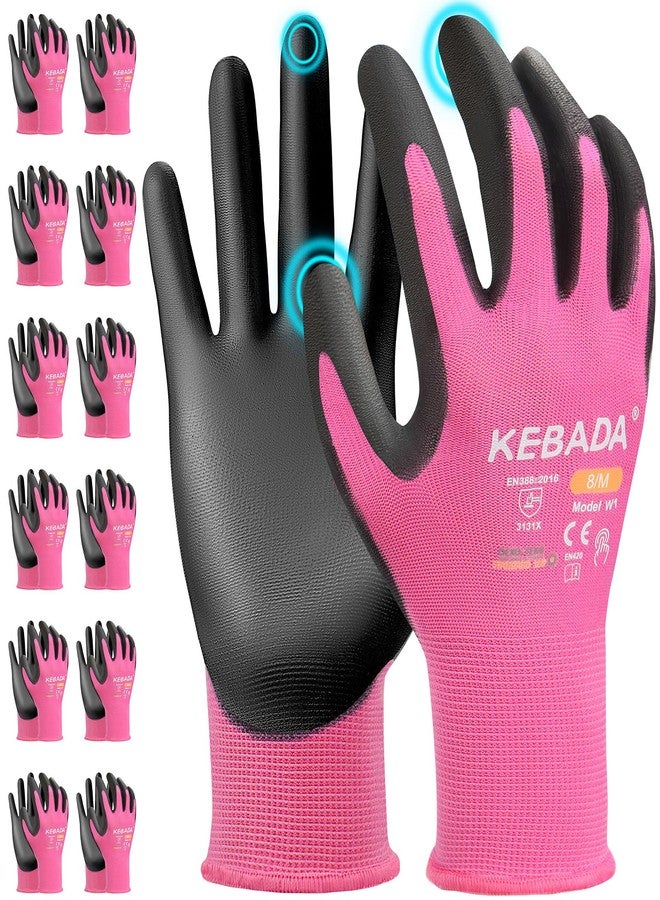 Kebada W1 Work Gloves for Women,12 Pairs Touchscreen Working Gloves with Grip, Thin Gardening Gloves, PU Coated Pink Gloves for Women, Ideal for Warehouse Package Handling and Delivery, Small - Image 1