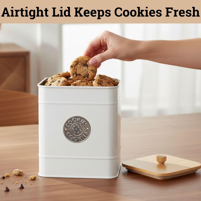 HB Design Co. Cookie Jar with Airtight Lid - 1 Gallon - 6"D x 8"H White Iron Cookie Tin with Bamboo Lid - Large Cookie Jars with Lids Airtight - Farmhouse Cookie Jars for Kitchen Counter Decorative - Cookies Jar - Image 4