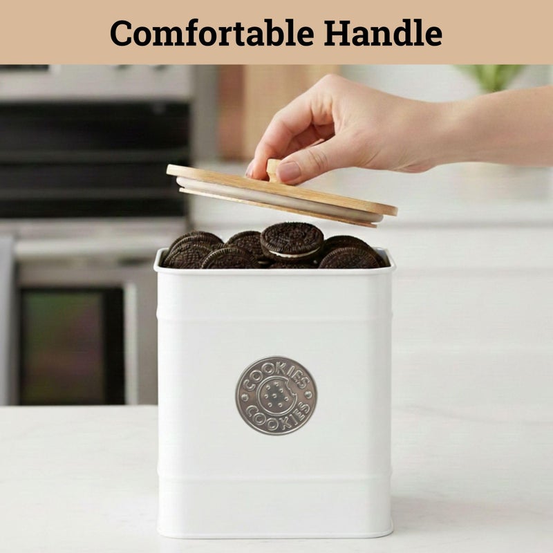 HB Design Co. Cookie Jar with Airtight Lid - 1 Gallon - 6"D x 8"H White Iron Cookie Tin with Bamboo Lid - Large Cookie Jars with Lids Airtight - Farmhouse Cookie Jars for Kitchen Counter Decorative - Cookies Jar - Image 5