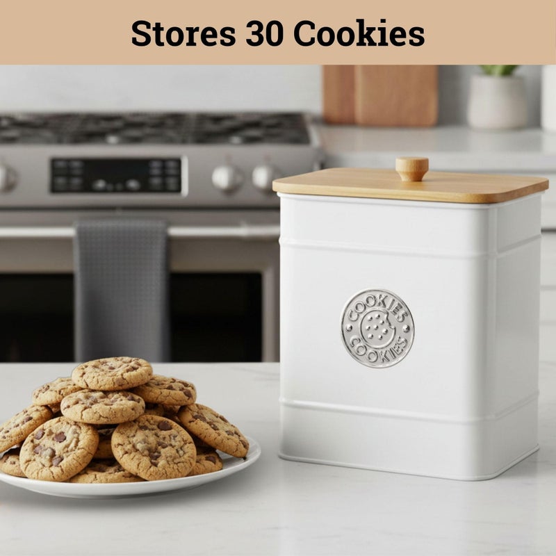 HB Design Co. Cookie Jar with Airtight Lid - 1 Gallon - 6"D x 8"H White Iron Cookie Tin with Bamboo Lid - Large Cookie Jars with Lids Airtight - Farmhouse Cookie Jars for Kitchen Counter Decorative - Cookies Jar - Image 3