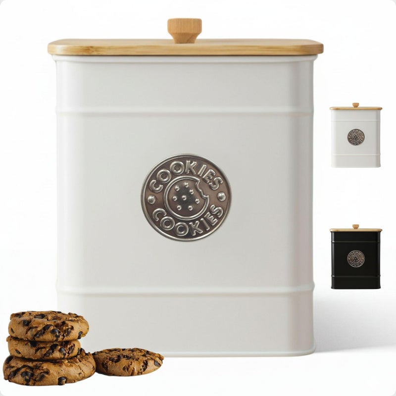 HB Design Co. Cookie Jar with Airtight Lid - 1 Gallon - 6"D x 8"H White Iron Cookie Tin with Bamboo Lid - Large Cookie Jars with Lids Airtight - Farmhouse Cookie Jars for Kitchen Counter Decorative - Cookies Jar - Image 1