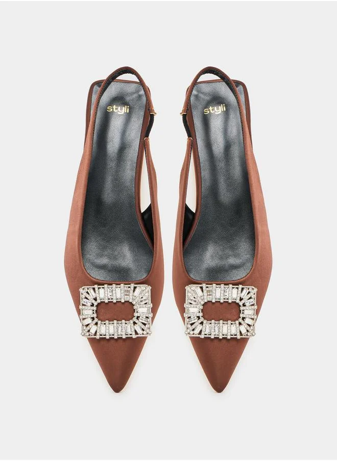 Styli Rhinestone Decor Backstrap Pointed Shoes