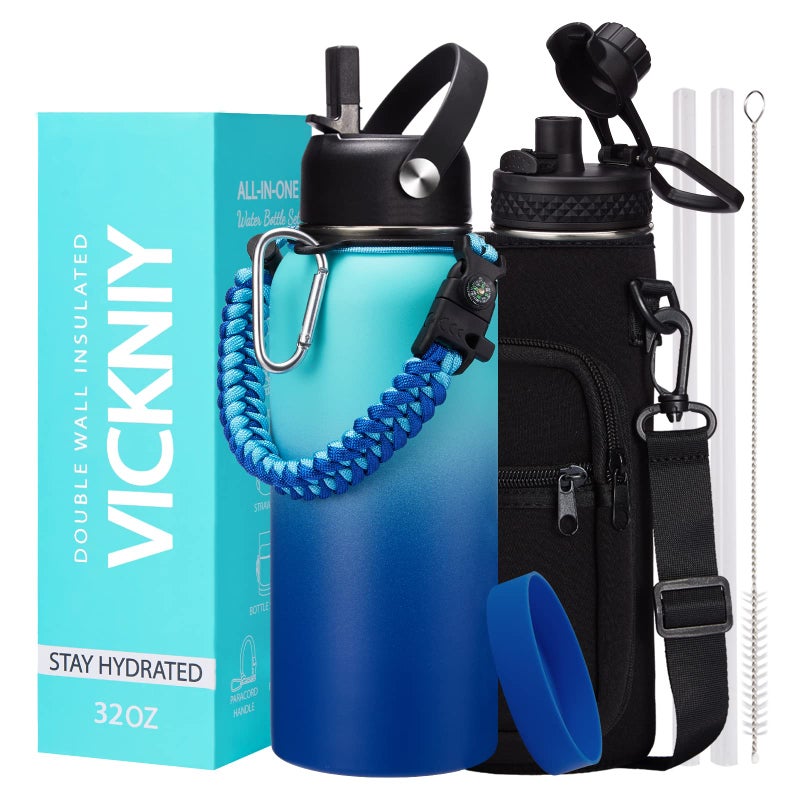 VICKNIY 32oz/40oz/64oz Insulated Water Bottles - Vacuum Double Walled Cold-48H Hot-24H  Water Bottle w/Straw & Chug Lid  Paracord Handle  Bottle Carrier  Stainless Steel Water Flask Mug for Sport Gym Yoga 
