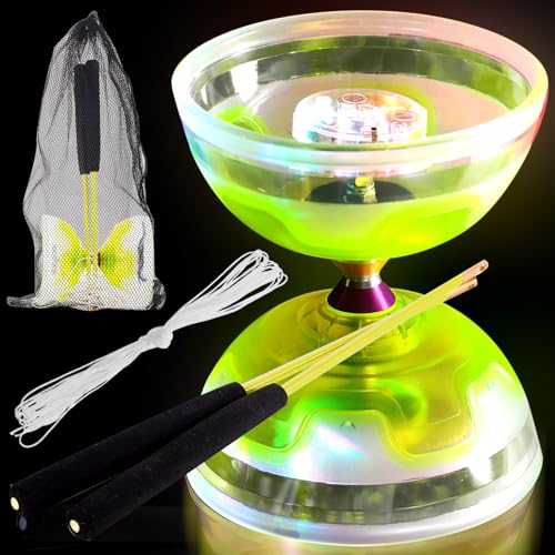 Chitidr Chinese Yoyo Diabolo Set Includes 5 Inch Colorful LED Diabolo Light Up with 2 Pieces Diabolos Sticks 1 Piece String and 1 Piece Net Bag for Fun Christmas Gifts Yellow - Image 1