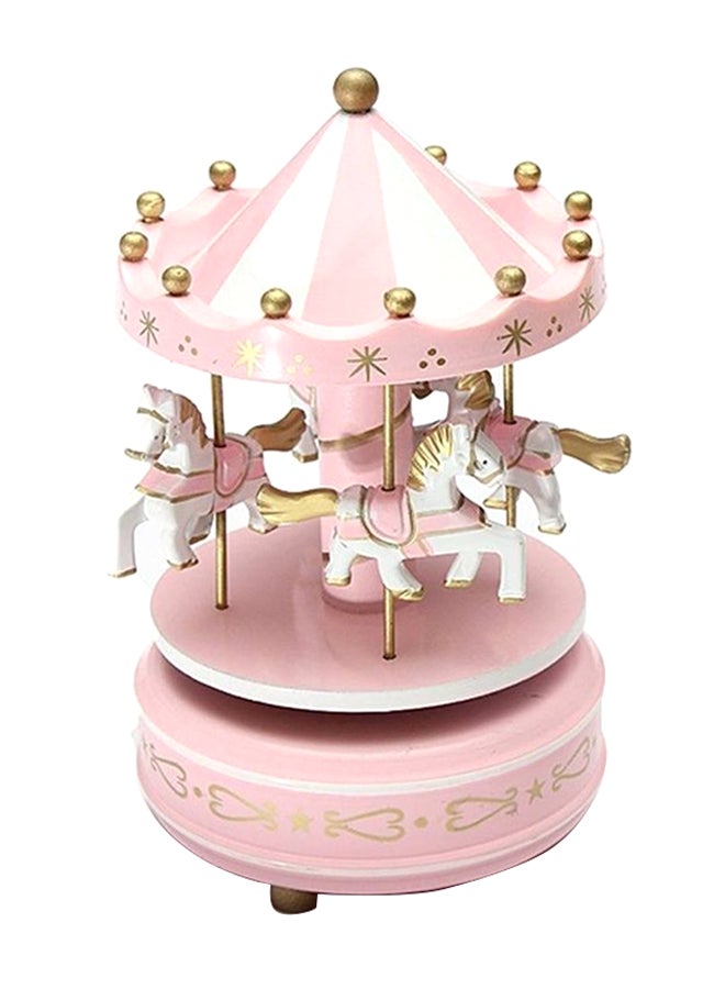 Pink, White, and Gold Wooden Merry-Go-Round Carousel Music Box for Kids - Wind-Up Musical Toy Gift