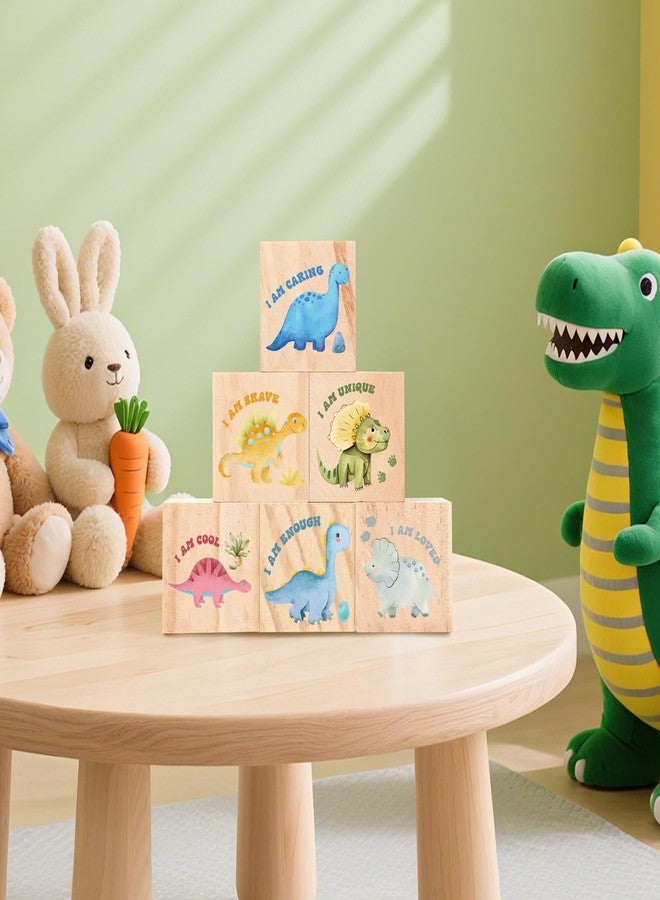 Woosytoo 6 Pcs Dinosaur Nursery Decor for Boys Girls Dino Inspirational Wooden Table Shelf Decoration Wood Blocks Centerpiece for Kids Bedroom Nursery Playroom Classroom Birthday Baby Shower Gifts 1.6 Inch - Image 2