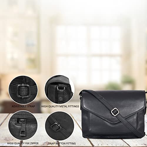 Ozora Leather Flapover Crossbody Handbag Purse for Women with Adjustable Strap & Overflap Snap Closure Tote/Bag (Black NDM) - Image 5