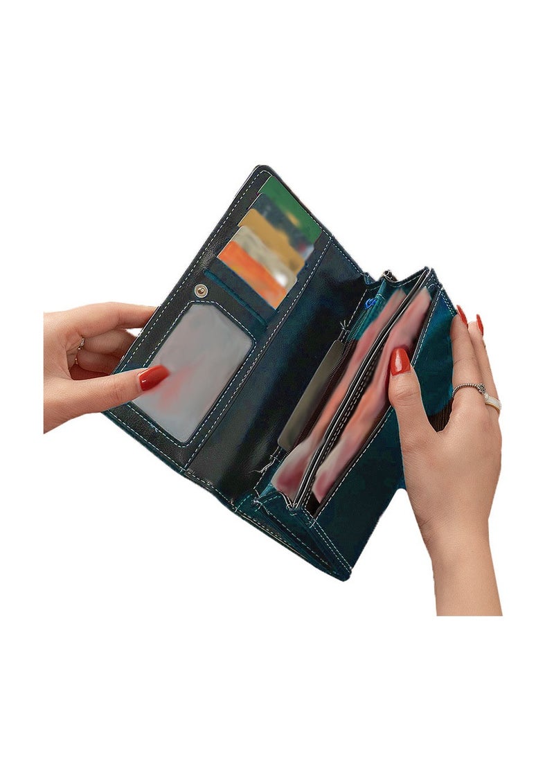 Generic - Long Vintage PU Leather Wallet Zipper Large Capacity Multi-Slot Blue Clutch 19*10*4 - Image 1