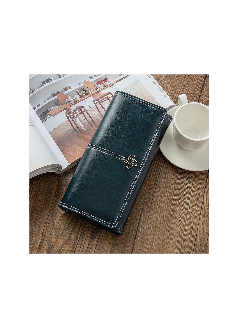 Generic - Long Vintage PU Leather Wallet Zipper Large Capacity Multi-Slot Blue Clutch 19*10*4 - Image 1