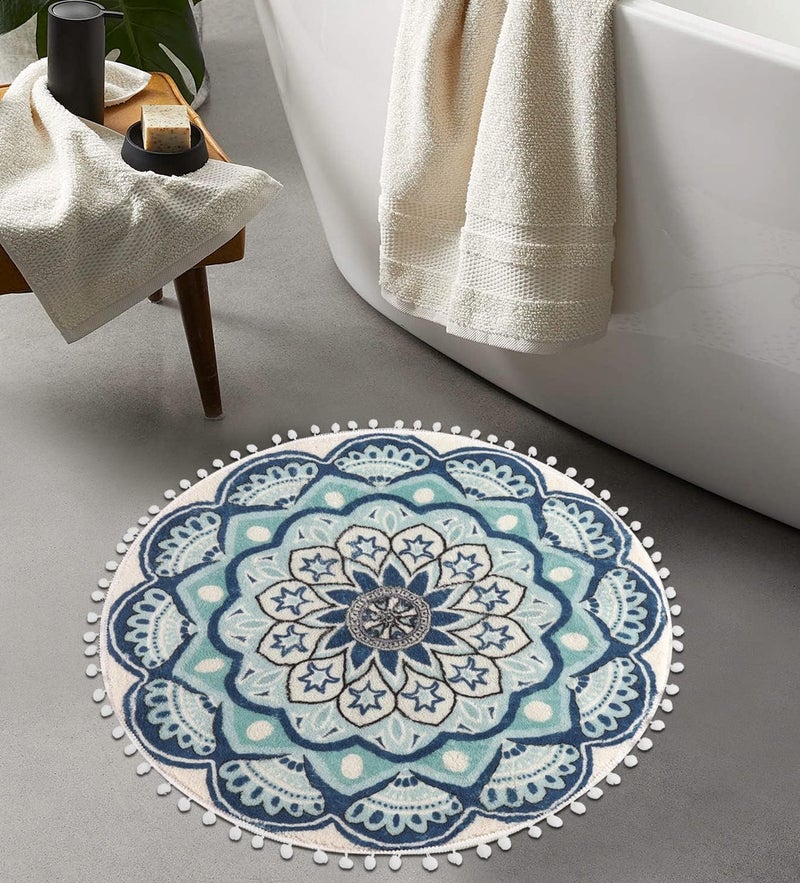 Uphome Small Round Rug 23ft Blue Boho Bathroom Rugs with Pom Pom Fringe NonSlip Washable Mandala Circle Bath Mat Soft Cute Bohemian Throw Rug for Bedroom Sink Dorm Powder Room