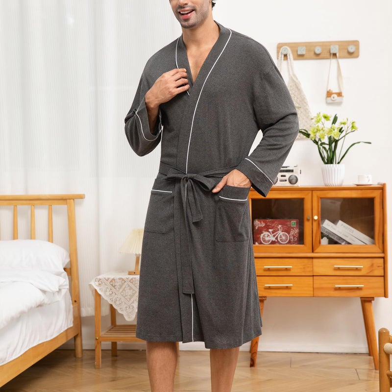 Lagtew Mens Lightweight Robe Cotton Blend Kimono Bathrobe with Pockets, Soft Breathable Absorbent Loungewear for Home,DARK GREY MEL.,L - Image 4