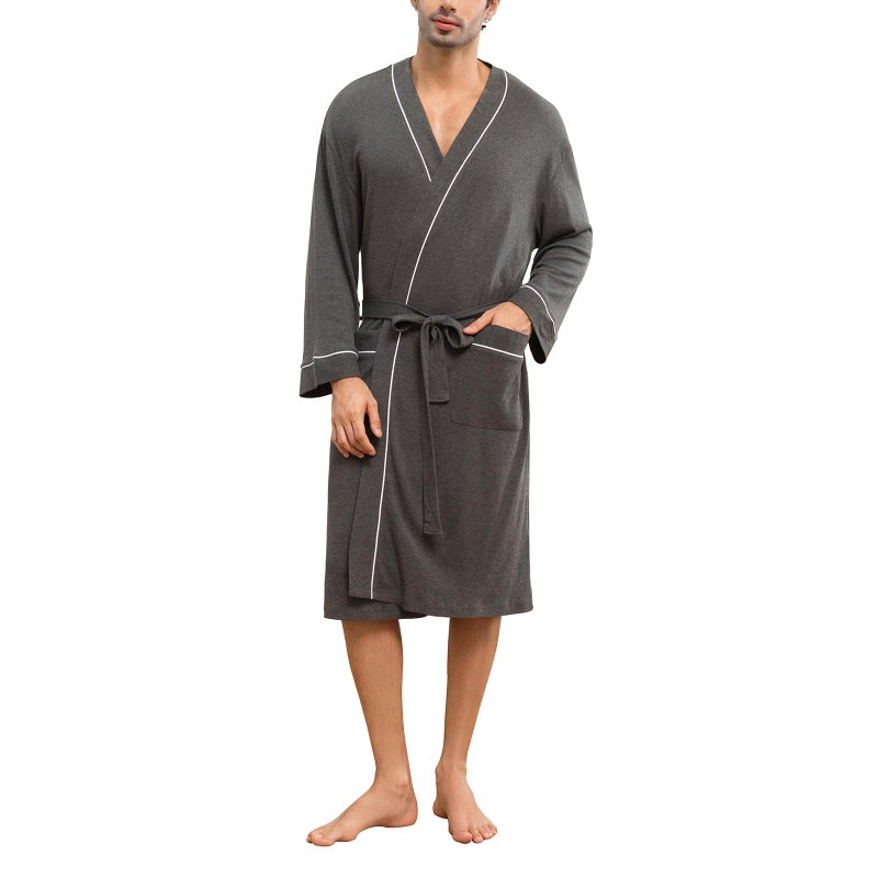 Lagtew Mens Lightweight Robe Cotton Blend Kimono Bathrobe with Pockets, Soft Breathable Absorbent Loungewear for Home,DARK GREY MEL.,L - Image 1