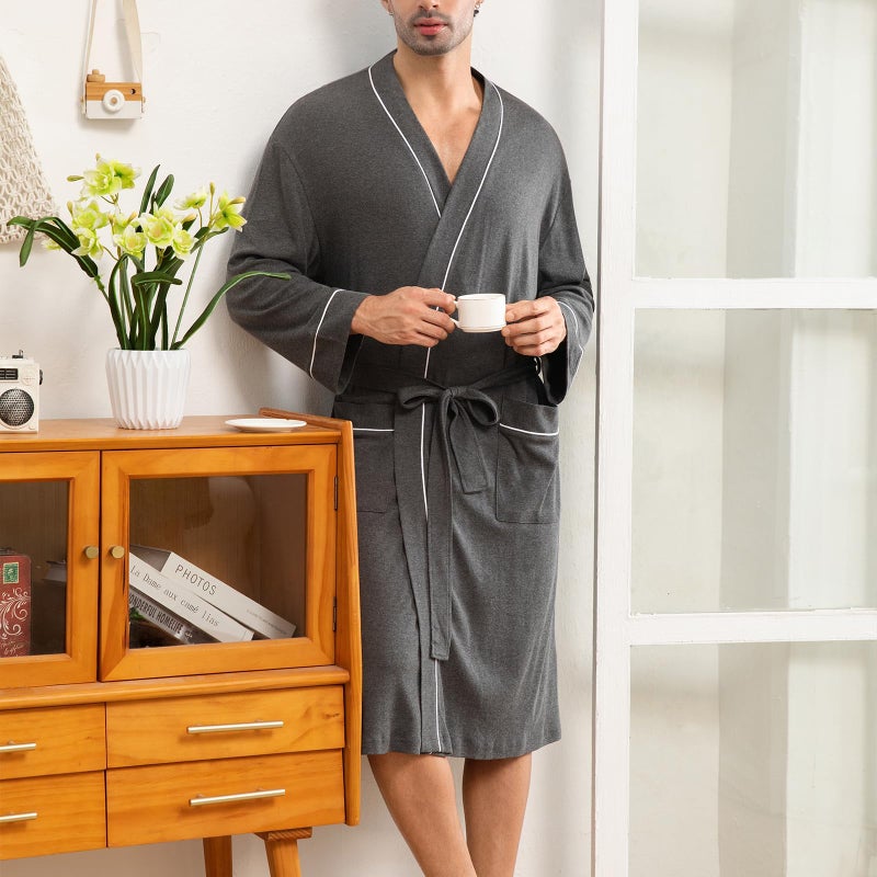 Lagtew Mens Lightweight Robe Cotton Blend Kimono Bathrobe with Pockets, Soft Breathable Absorbent Loungewear for Home,DARK GREY MEL.,L - Image 3