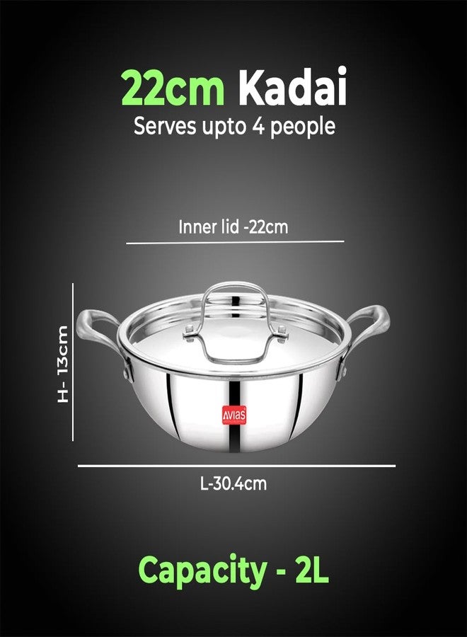 AVIAS Riara Triply Kadhai with Lid | 5 Years Warranty | Stainless Steel Kadai with Flat Bottom, Steel Casted Handles, 2.5 Mm Thickness, Induction Base, 2 Litre, 22cm - Image 4