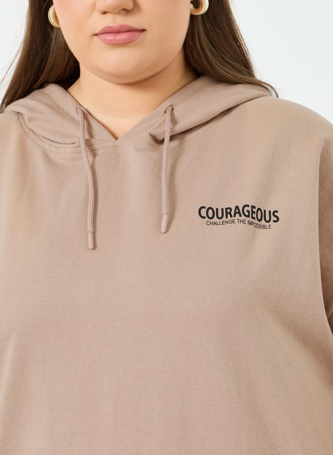 Styli Plus Size Tan Slogan Print Longline Hoodie - Image 3