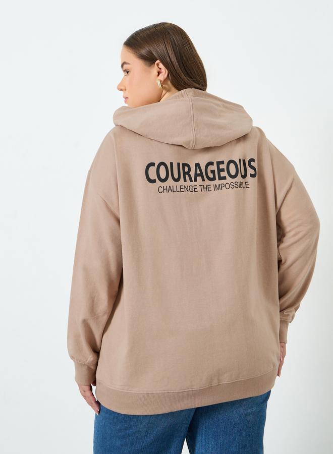 Styli Plus Size Tan Slogan Print Longline Hoodie - Image 4