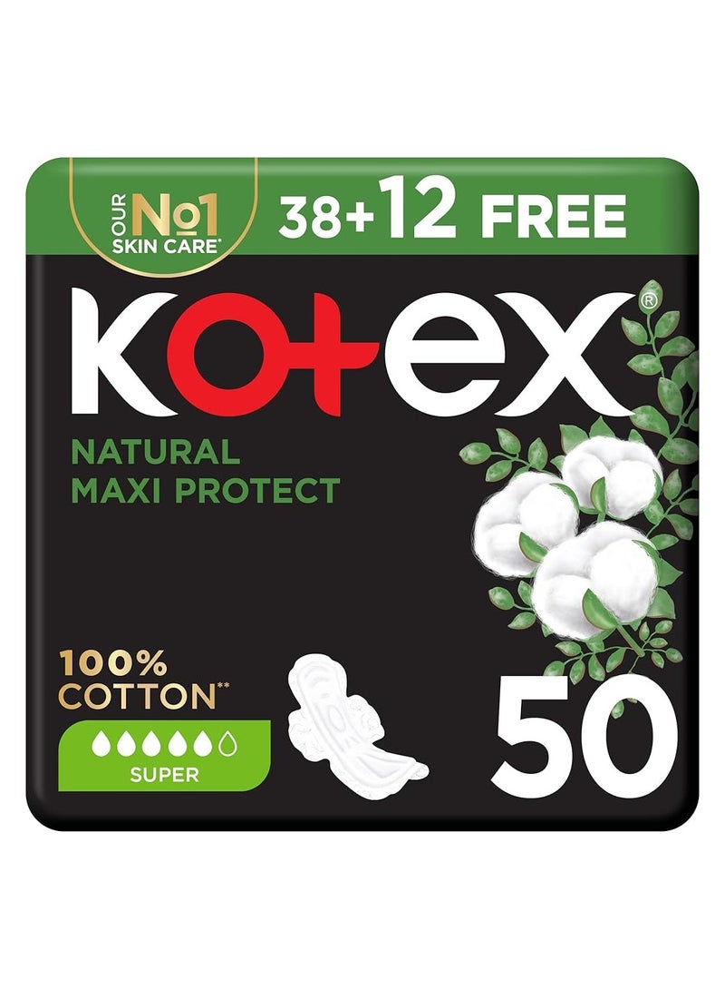 كوتكس 50 قطعة من وسادات ماكسي بروتكيت السميكة الطبيعية - 100٪ قطن ، حجم فائق ، مع أجنحة لراحة تامة!