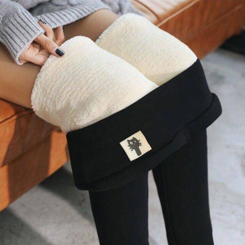 Lamb velvet leggings 2020 autumn and winter outer wear plus velvet thickening mother warm feet casual pants large size pencil pants Plush Black-Little Logo M - Image 1