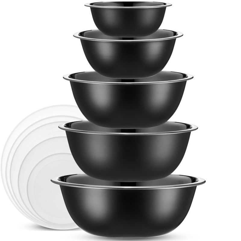 WHYSKO Stainless Steel Mixing Bowl Set 10 Piece Stainless Steel Mixing Bowls with Lids Set for Food Prep Storage and Serving Dishwasher Safe for Kitchen Baking Cooking Black