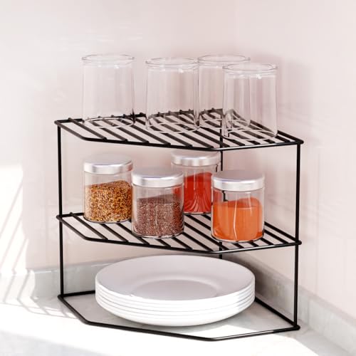 WonderStand KONA (Black) | 3-Tier GI Steel Corner Storage Rack With extra base shelf : A Versatile Solution to Organize Kitchen Plate and Dishes - Image 1