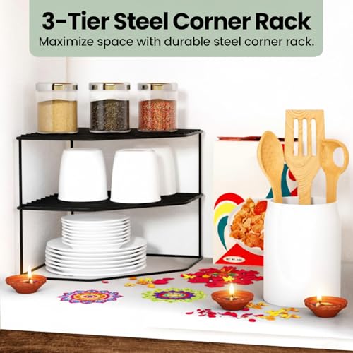 WonderStand KONA (Black) | 3-Tier GI Steel Corner Storage Rack With extra base shelf : A Versatile Solution to Organize Kitchen Plate and Dishes - Image 3