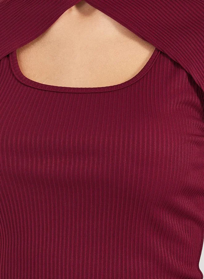Styli High Neck 2in1 Style Ribbed Knit Layered Top