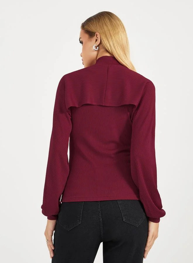 Styli High Neck 2in1 Style Ribbed Knit Layered Top