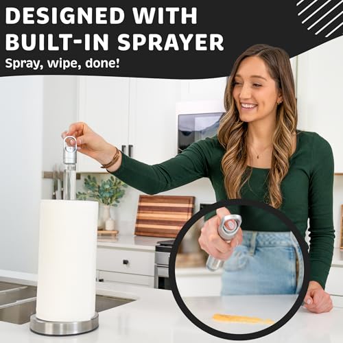 Dear Household Stainless Steel Paper Towel Holder with Spray Pump – One-Handed Tear, Smart Traction System, 5 oz Sprayer Bottle, Heavy Duty Suction Cups, Weighted Base, Kitchen Towel Dispenser for Countertop Use - Image 2