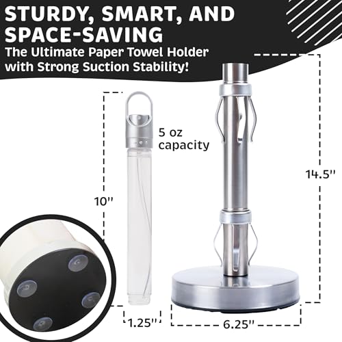 Dear Household Stainless Steel Paper Towel Holder with Spray Pump – One-Handed Tear, Smart Traction System, 5 oz Sprayer Bottle, Heavy Duty Suction Cups, Weighted Base, Kitchen Towel Dispenser for Countertop Use - Image 4