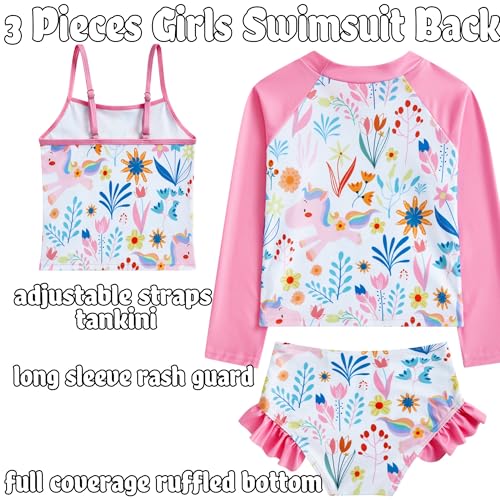 swimsobo Little Girl Rash Guard Pink Unicorn Swimsuits for 3 4 Years 3-Piece Bathing Suit Sun Protection Tankini Sets Long Sleeve Child Swimwear - Image 5